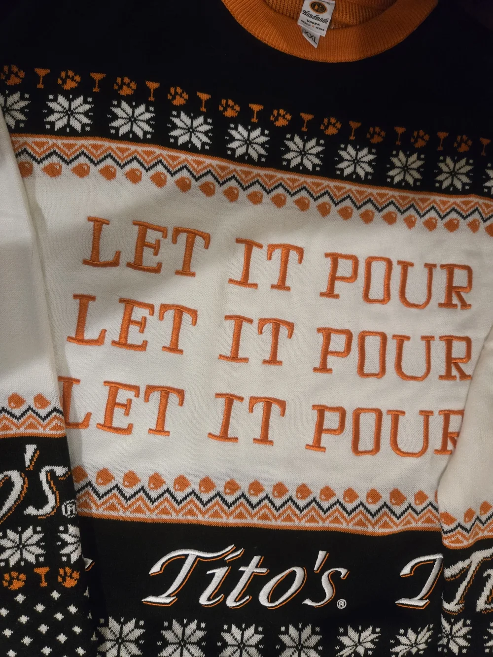 Tito's Orange, Black & White Crewneck Sweater - 'Let It Pour' Knit Pullover